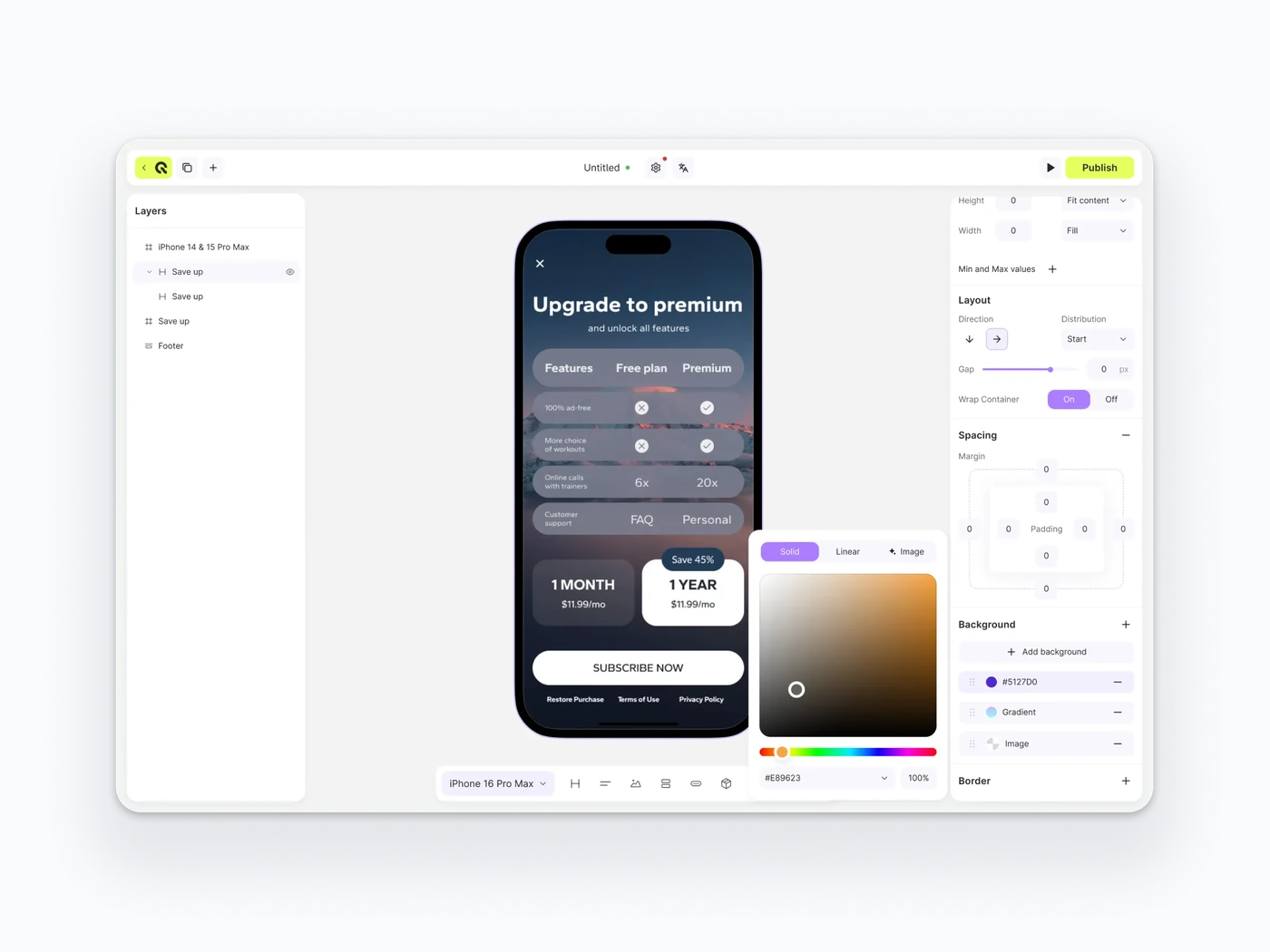 The redesigned builder editor with a paywall on the canvas