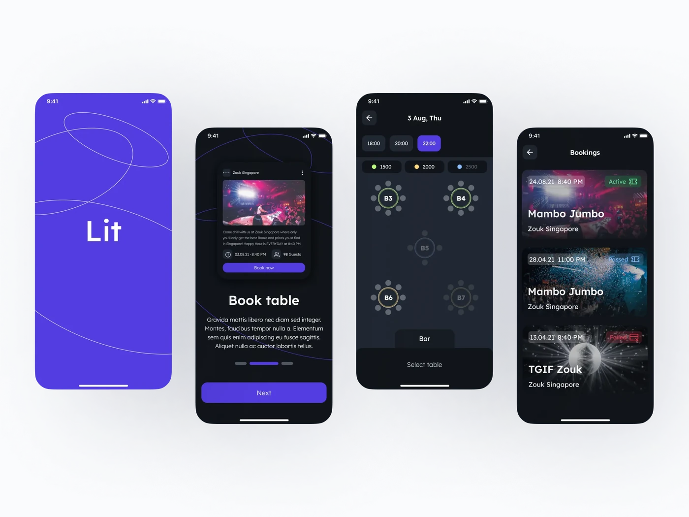 Lit app screens — event page, venue and booking