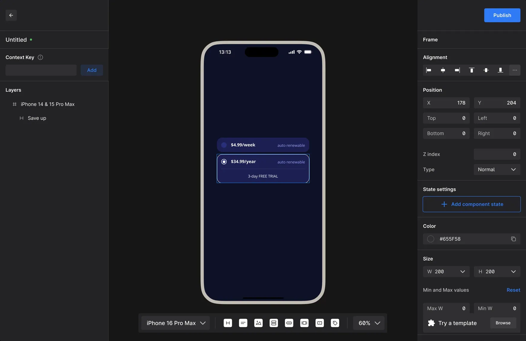 Editor of the first builder version: dark interface with a layer list, phone canvas and a settings panel.