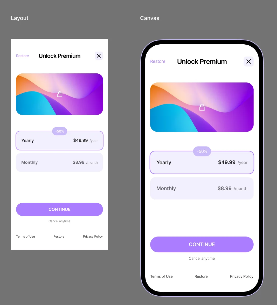 Specification of the default paywall: layout rules on the left, the rendered canvas on the right.