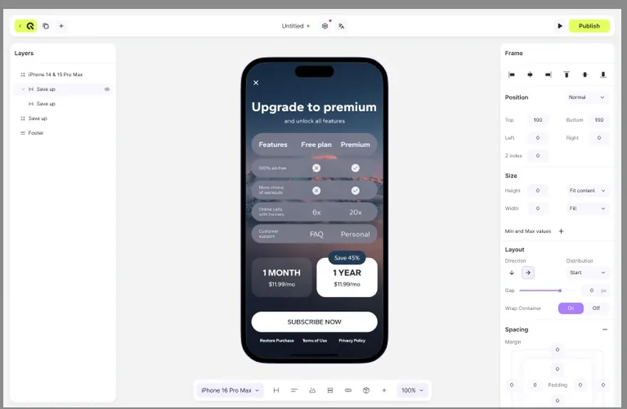 The redesigned editor in the light theme: cleaner toolbar, structured layers panel and grouped settings.