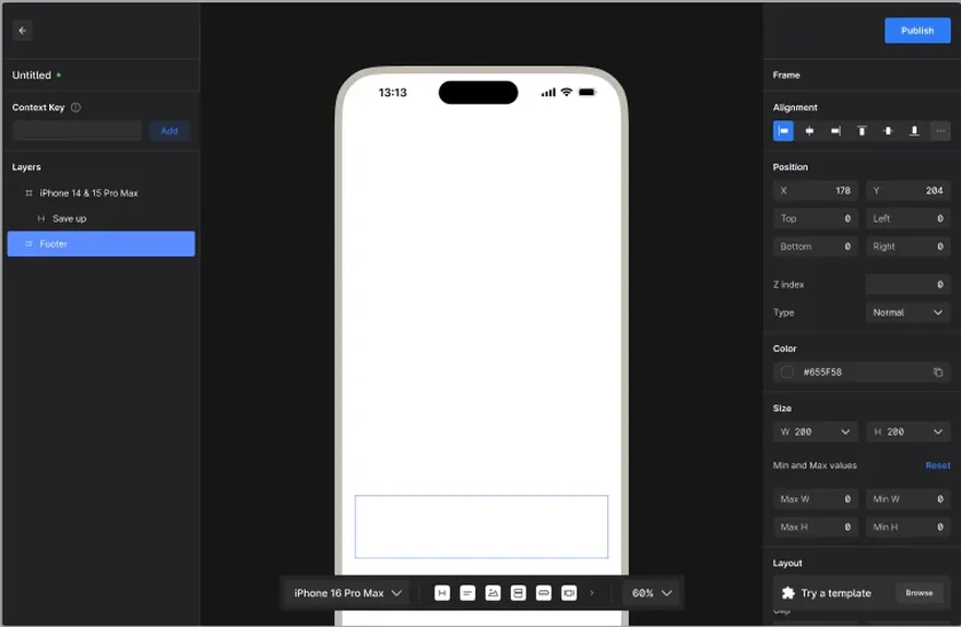 Editor of the first builder version: dark interface with a layer list, phone canvas and a settings panel.