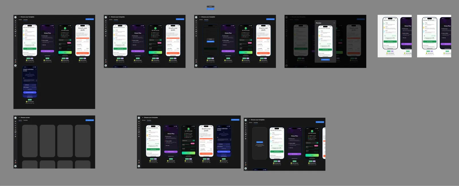 Template gallery of the first builder version: dark modal with paywall template previews.