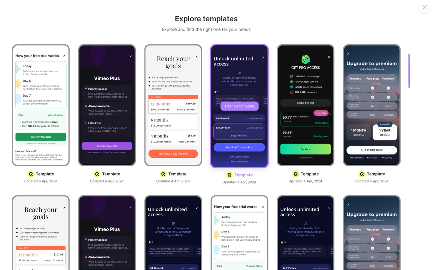 The redesigned template gallery modal in the light theme with categorised paywall templates.