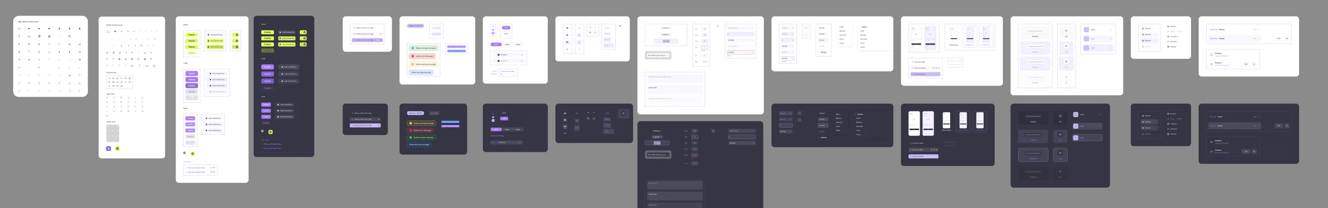 The builder's own UI kit: buttons, inputs, panels and controls, light theme above and dark below.