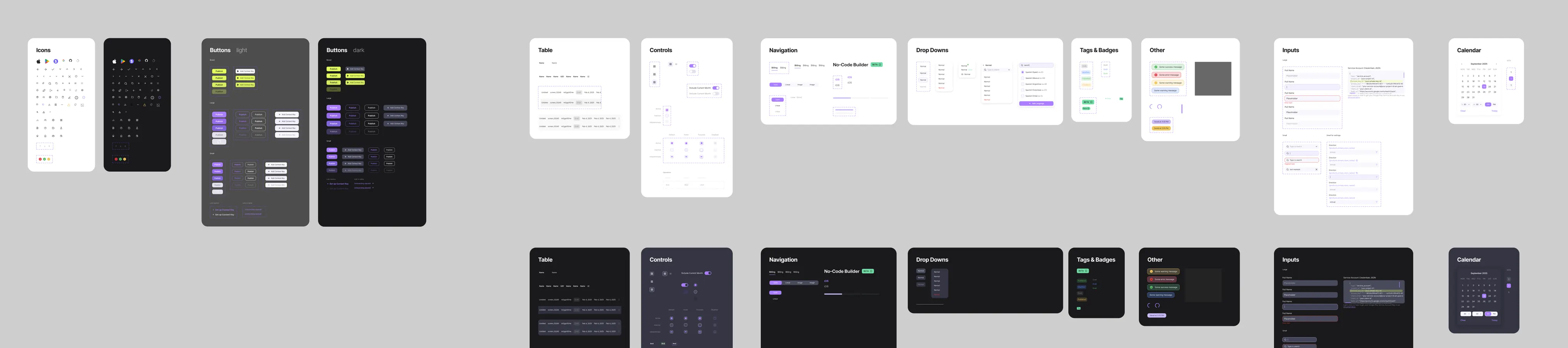 Wide sheet of the common component library: light theme on the top row, dark theme below.