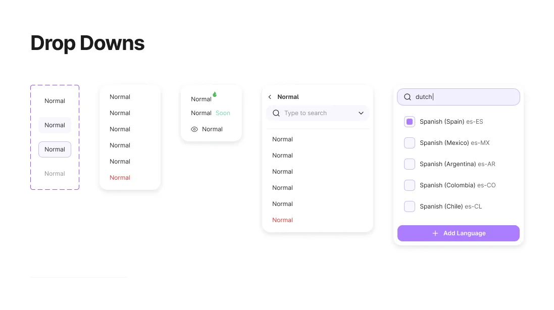 Drop-down menus in every state: default, hover, selected, error and a searchable variant.