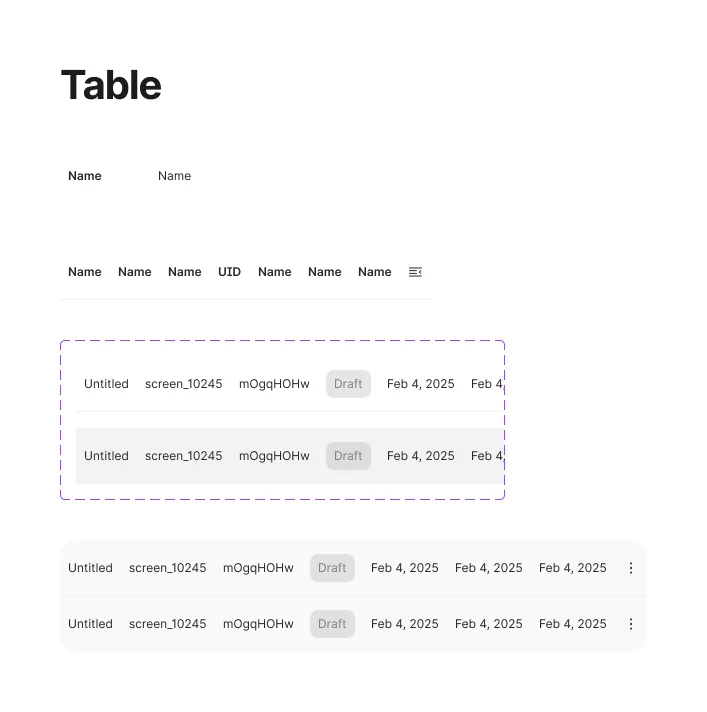 Table pattern with header, row states, selection and pagination.