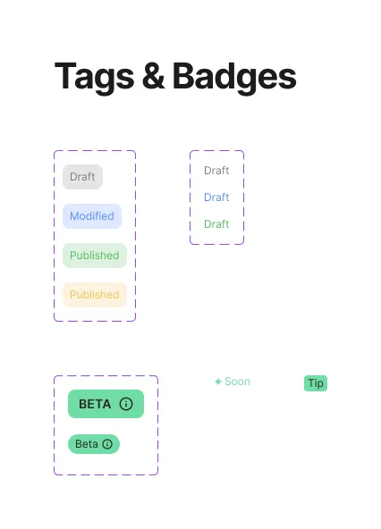 Tag and badge components in their colour variants.