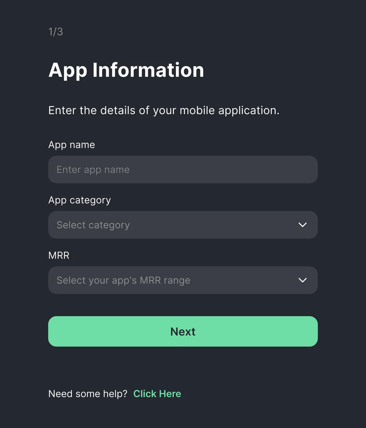 Setup step asking for app name, category and monthly recurring revenue range.