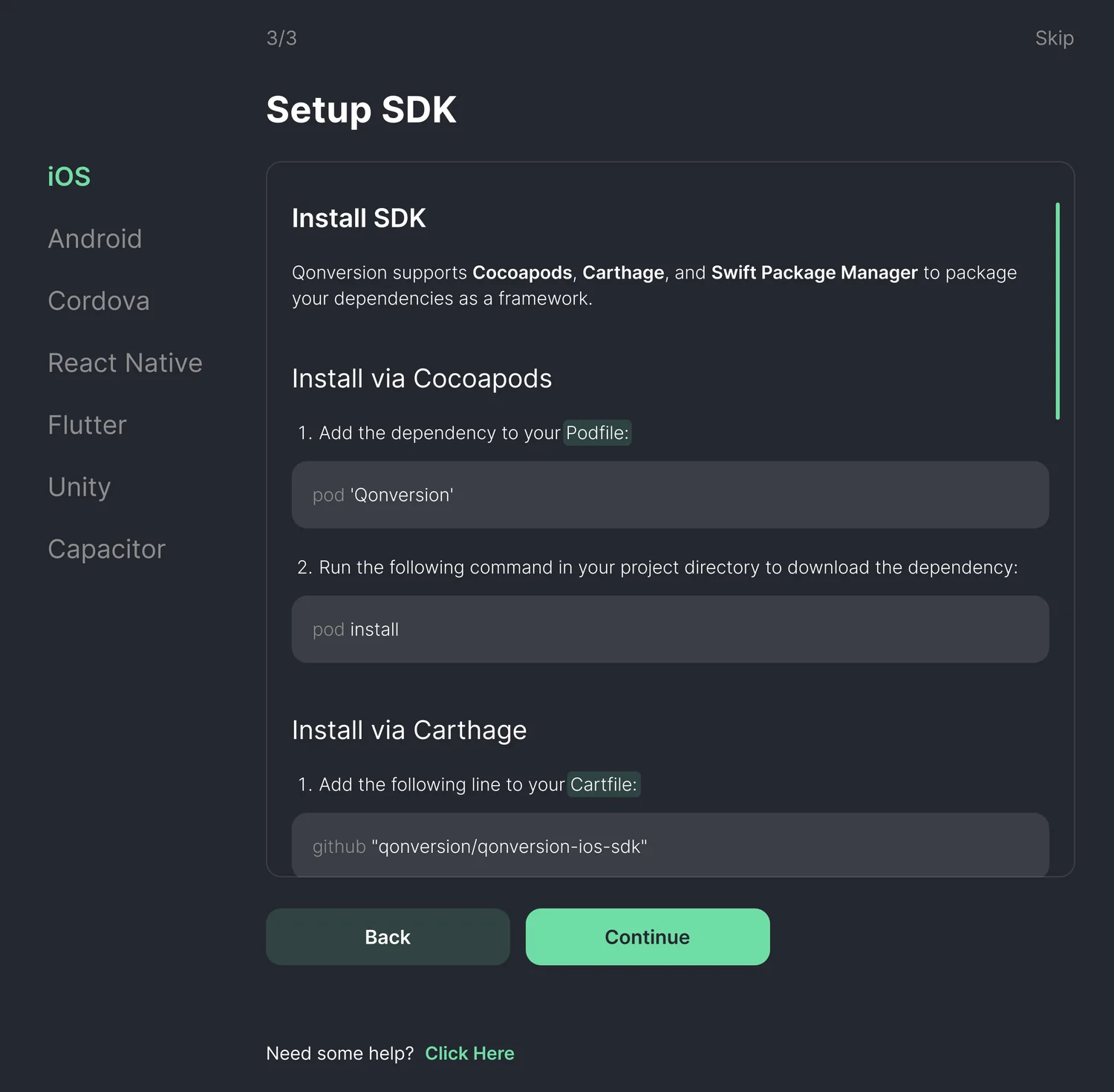 Setup step for installing the SDK with platform tabs for iOS, Android, Cordova, React Native, Flutter, Unity and Capacitor, and code snippets for each.