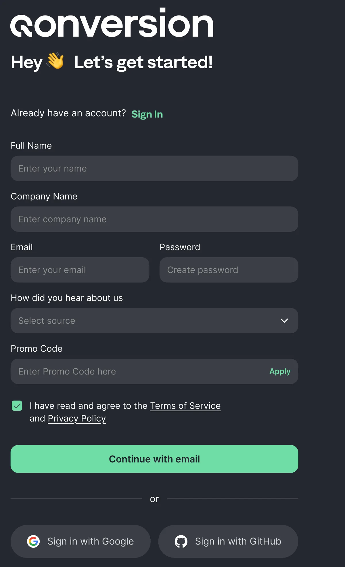 The sign-up screen in the dark theme with every field empty.