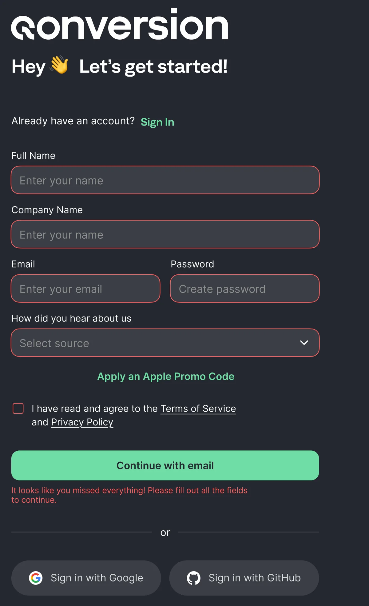 The same screen with validation errors on the fields and on the terms checkbox.