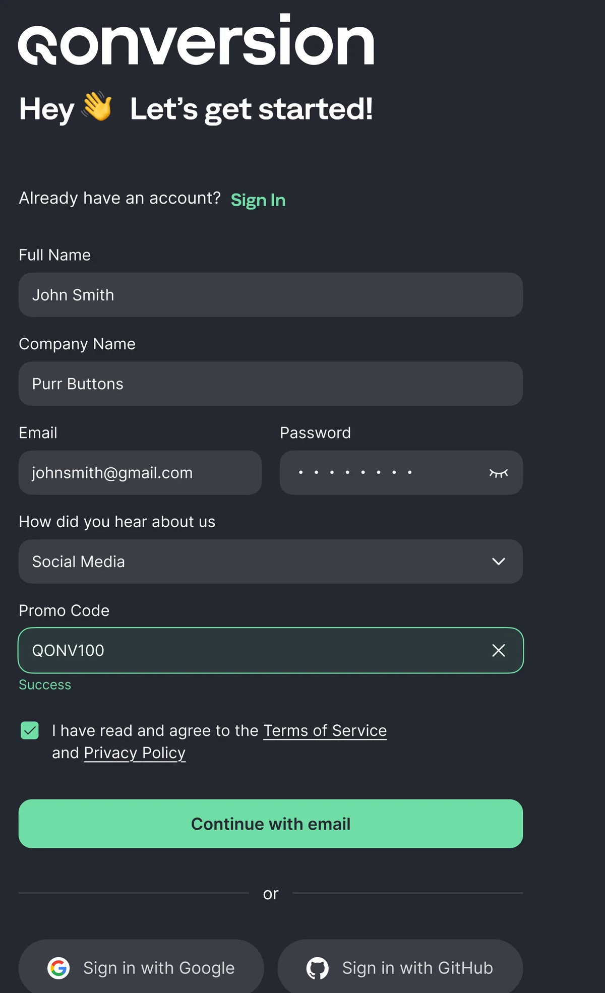 The same screen filled in, with the promo code accepted and the primary action enabled.