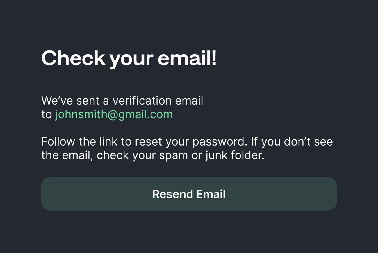 Check-your-email screen after sign-up, with a resend action.