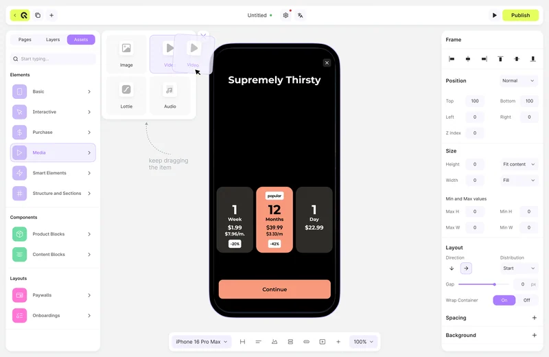 Prototype preview: the video component with playback settings.