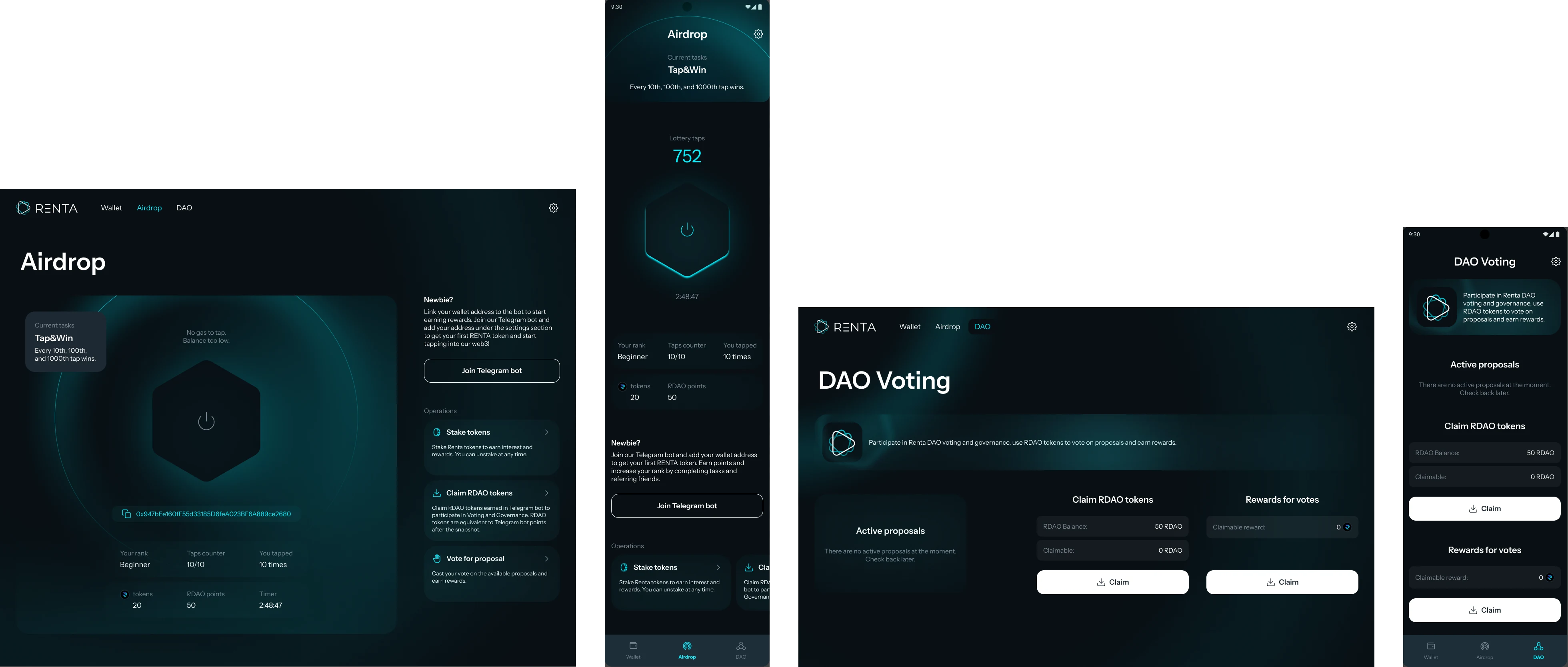 Airdrop and DAO voting screens in dark theme: desktop pages and their phone versions.