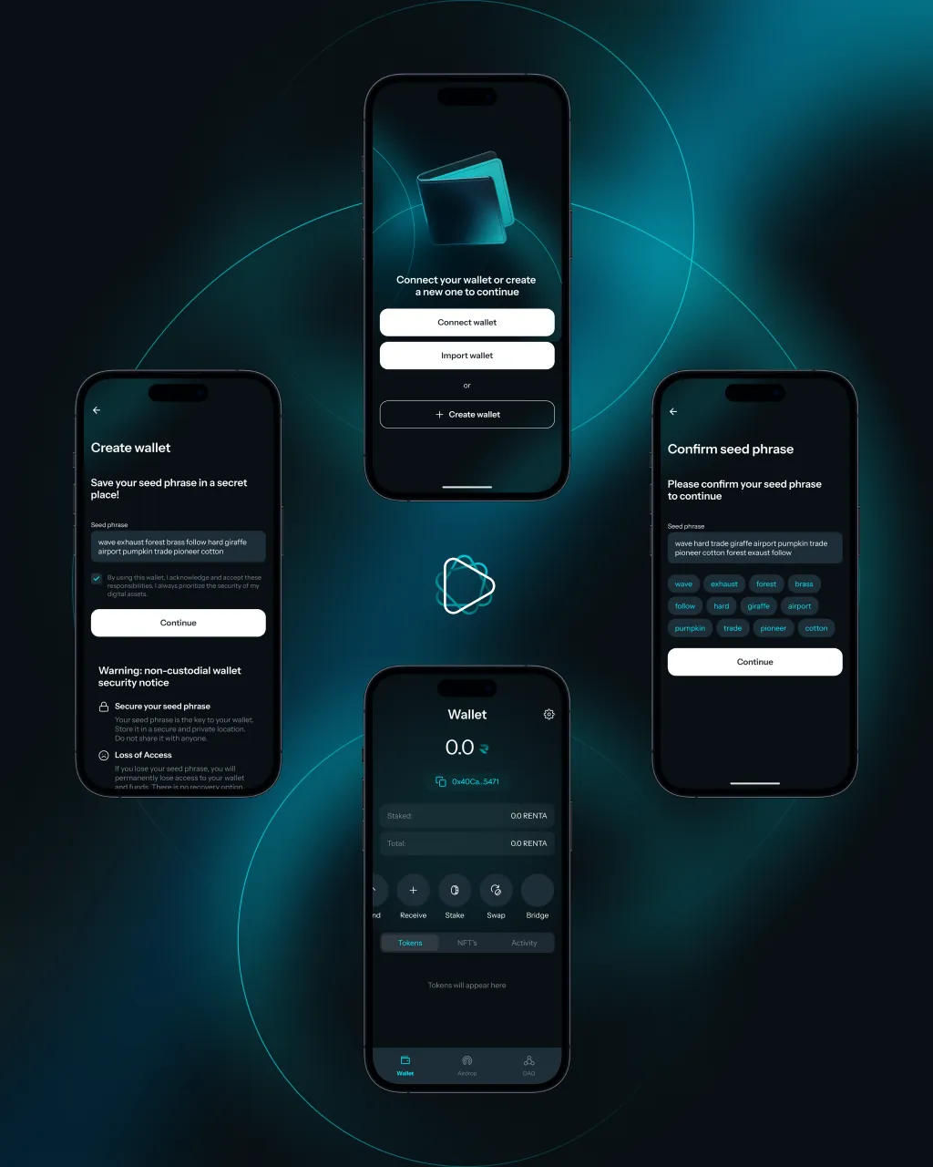 Create-wallet and seed-phrase flow shown on phone screens.