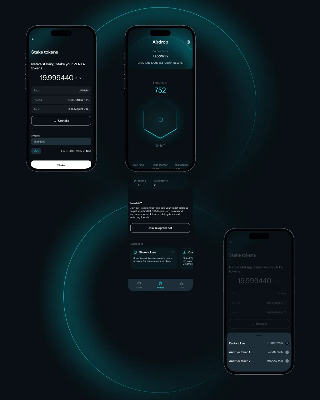 Staking and airdrop screens on phone.