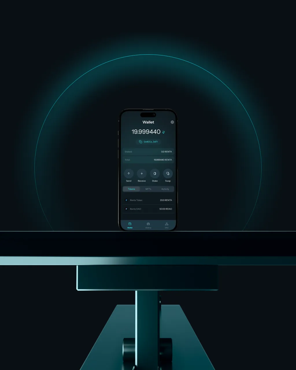 Wallet shown on a phone in a device mock-up.